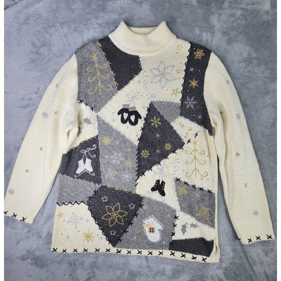 Designers Originals Studio Sweaters - Designers Originals Winter Sweater Women L Ivory Pullover Patchwork Skaters